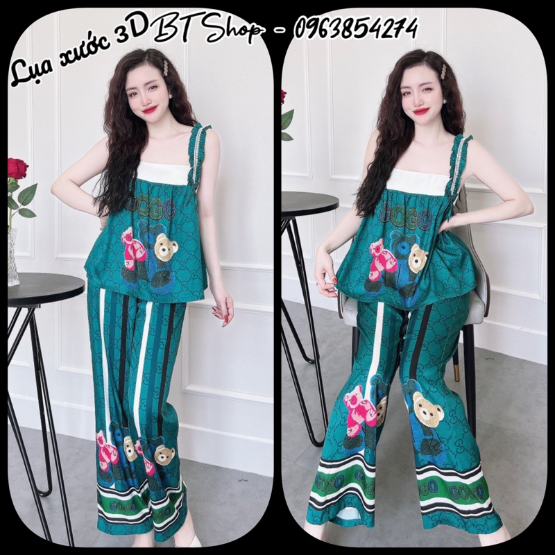 Đồ ngủ lụa áo 2 dây bảng bèo ren nơ quần dài freesize 42-57kg