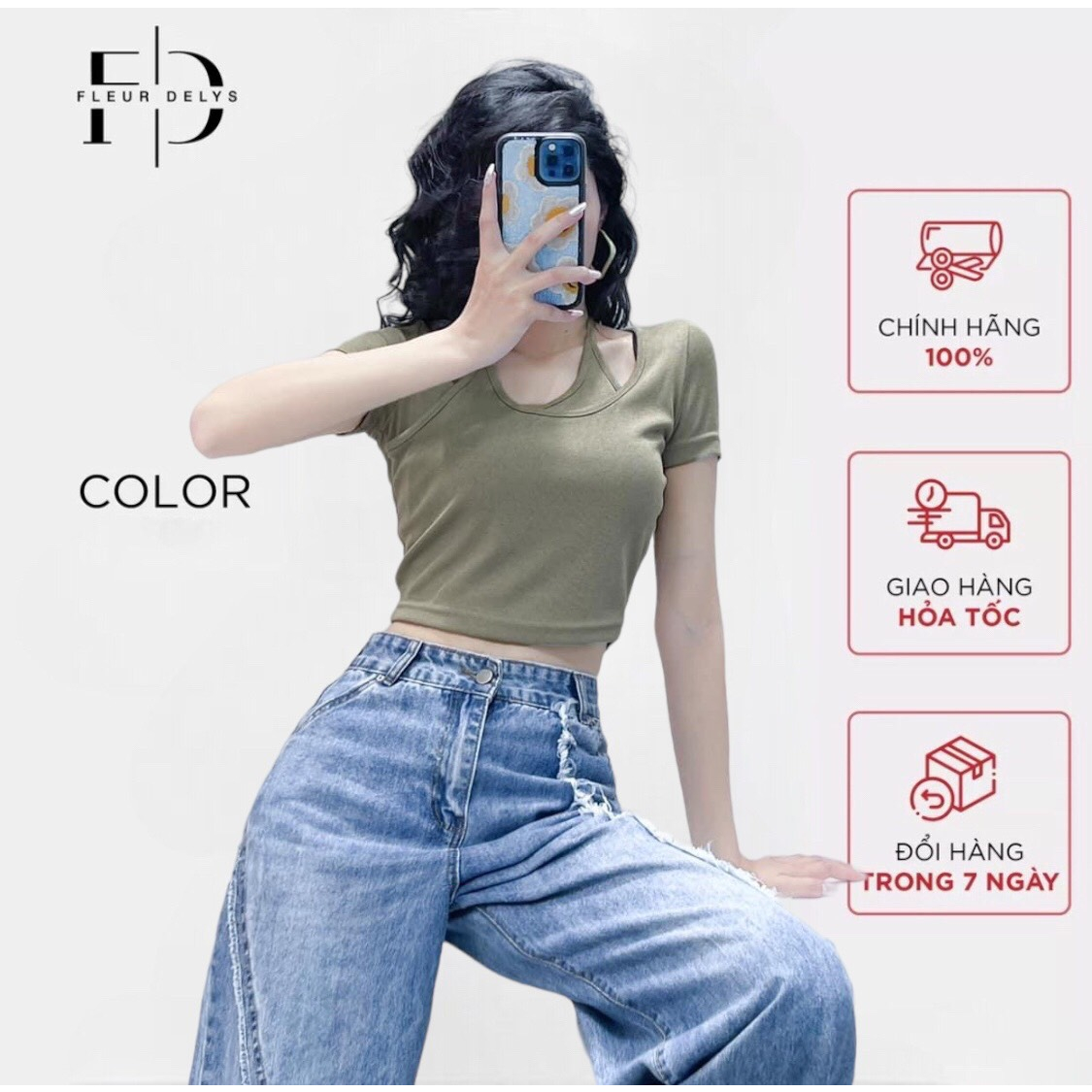 Quần jean suông nữ & áo croptop tay ngắn Delys quần họa tiết kẻ sọc & áo cổ yếm thắt dây