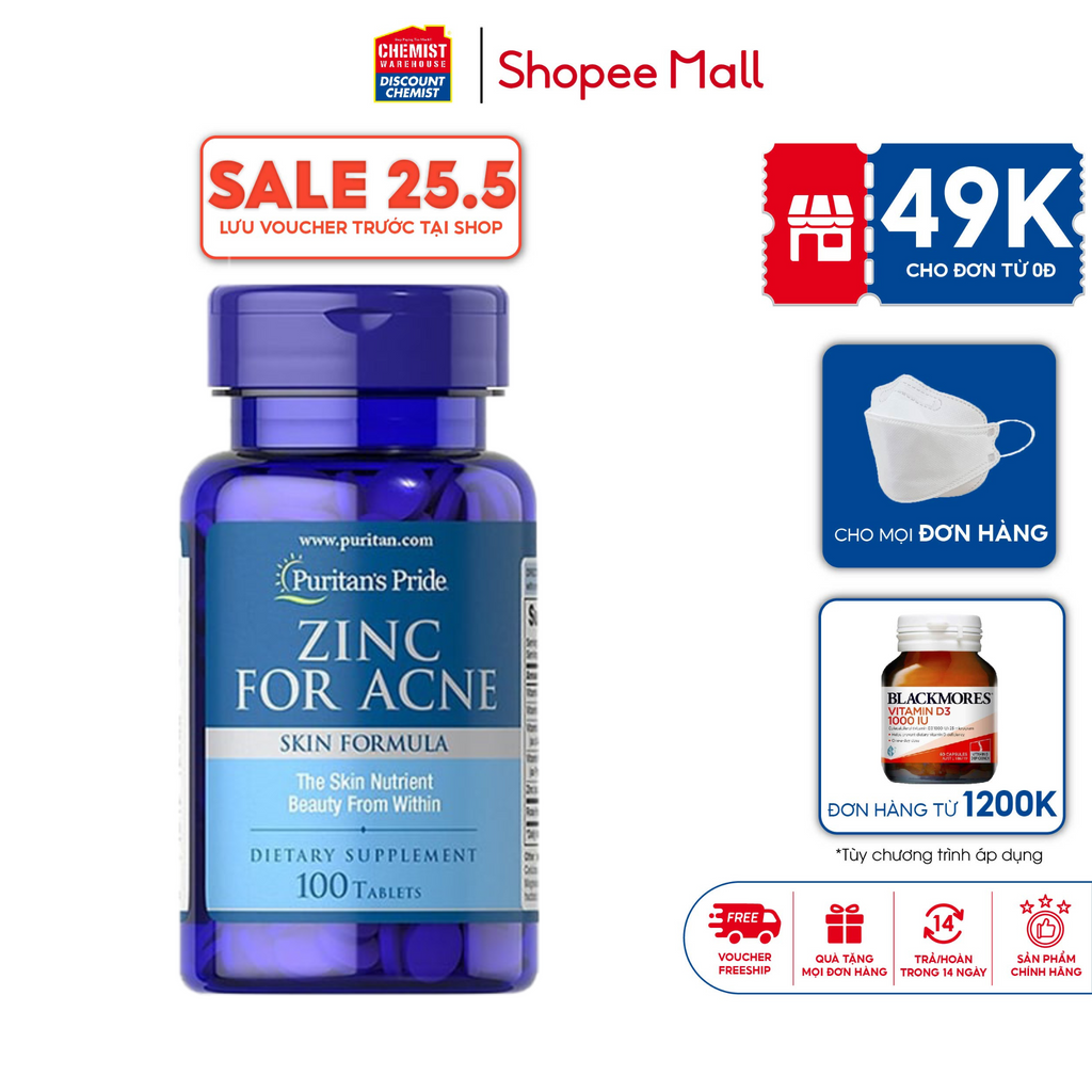 Viên uống bổ sung kẽm, giảm mụn nội tiết Puritan's Pride Zinc For Acne 100 viên Mỹ