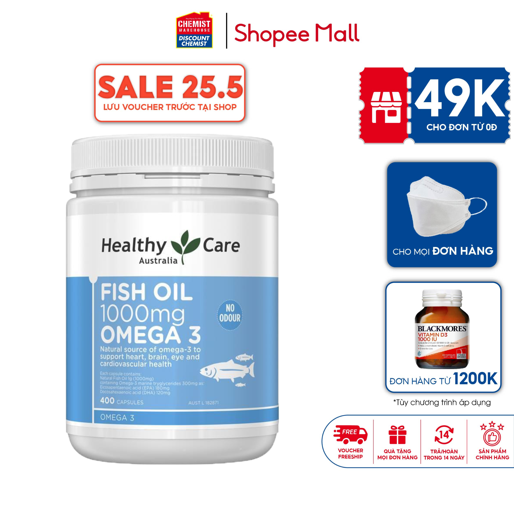 Dầu cá Omega 3 Healthy Care Fish Oil 400 viên của Úc, hỗ trợ bổ mắt, tim mạch và phát triển trí não
