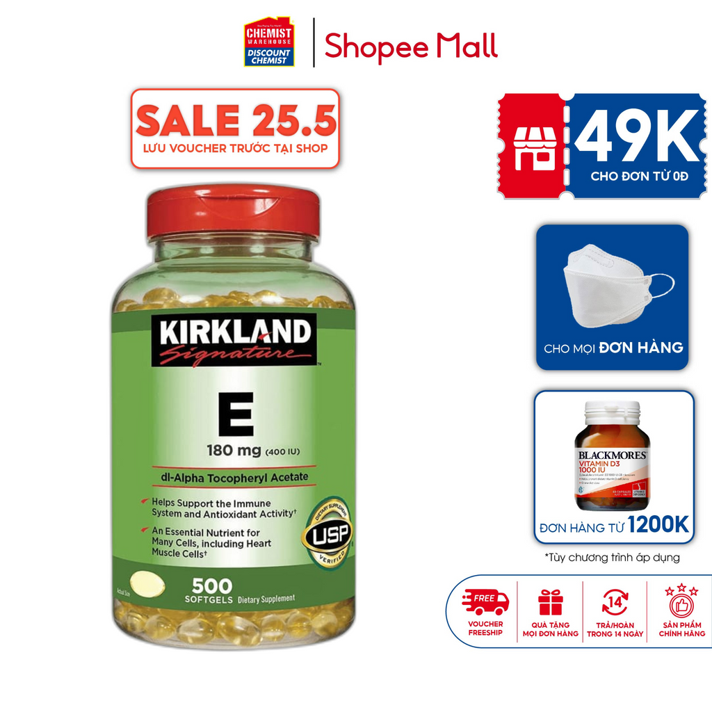 Thực phẩm chức năng bổ sung Vitamin E 400 IU Kirkland Signature 500 viên giúp làm sáng da, đẹp da