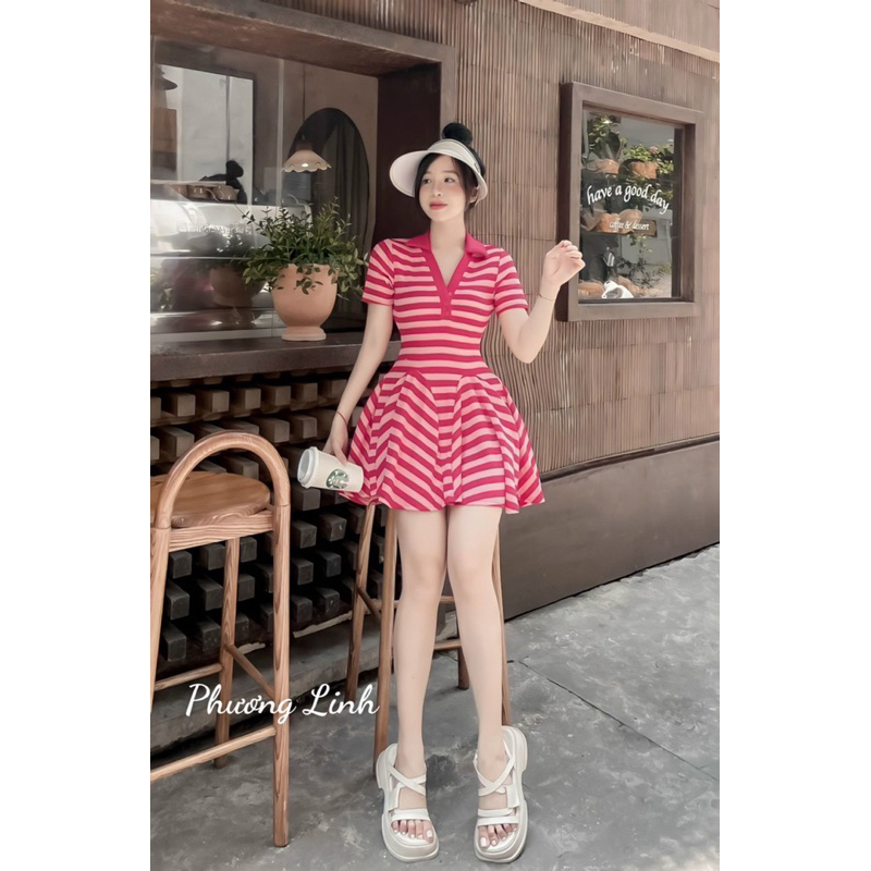 Váy tăm cổ đức ôm eo xòe dày dặn 3 màu kèm quần (kèm ảnh thật)