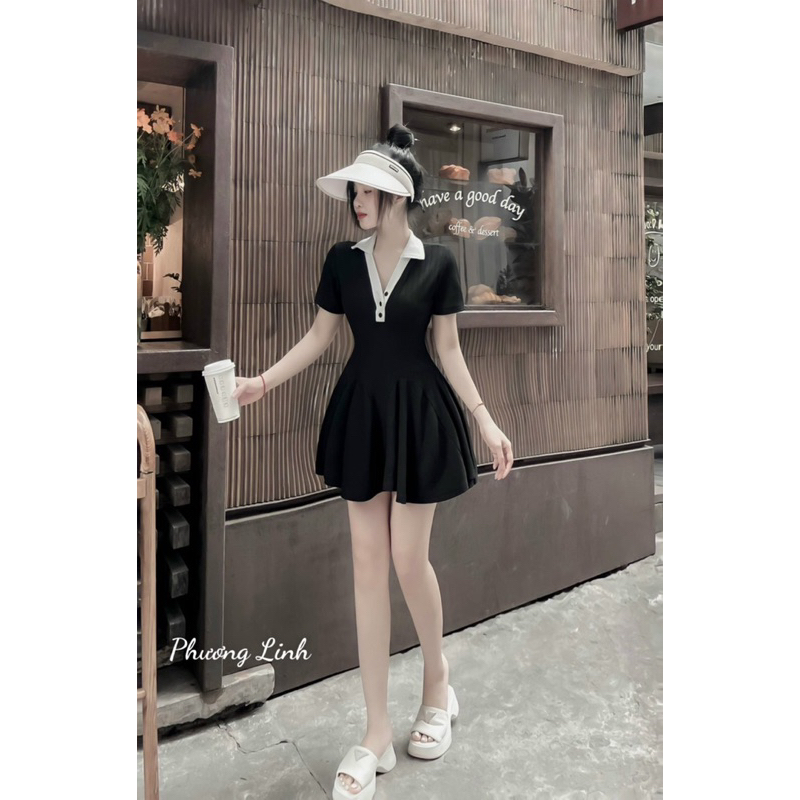 Váy tăm cổ đức ôm eo xòe dày dặn 3 màu kèm quần (kèm ảnh thật)