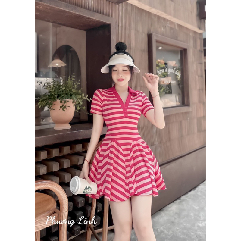 Váy tăm cổ đức ôm eo xòe dày dặn 3 màu kèm quần (kèm ảnh thật)