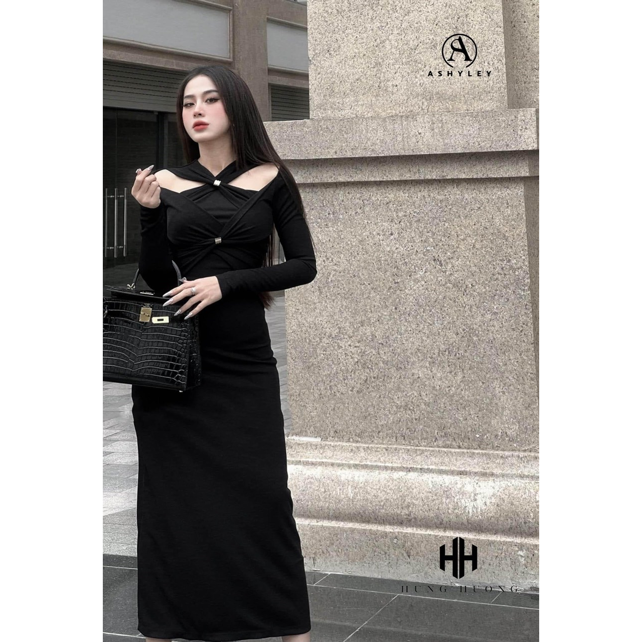 VÁY THUN GÂN XÒE CUTOUT CHEO TAY DÀI 040123