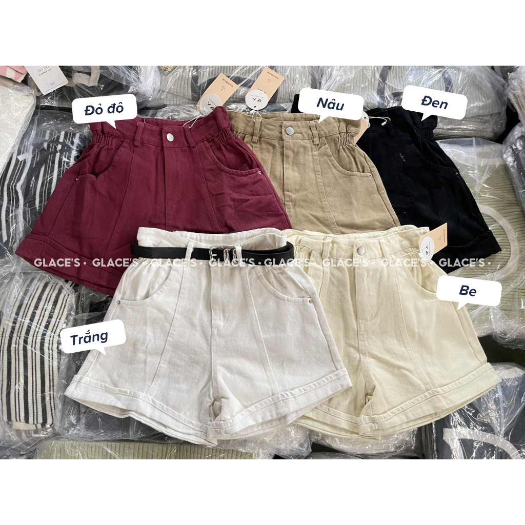 Quần short jeans GLACE Quần sooc đùi nữ ống rộng, lưng cạp cao chun eo xắn gấu kèm đai, phong cách Ulzzang