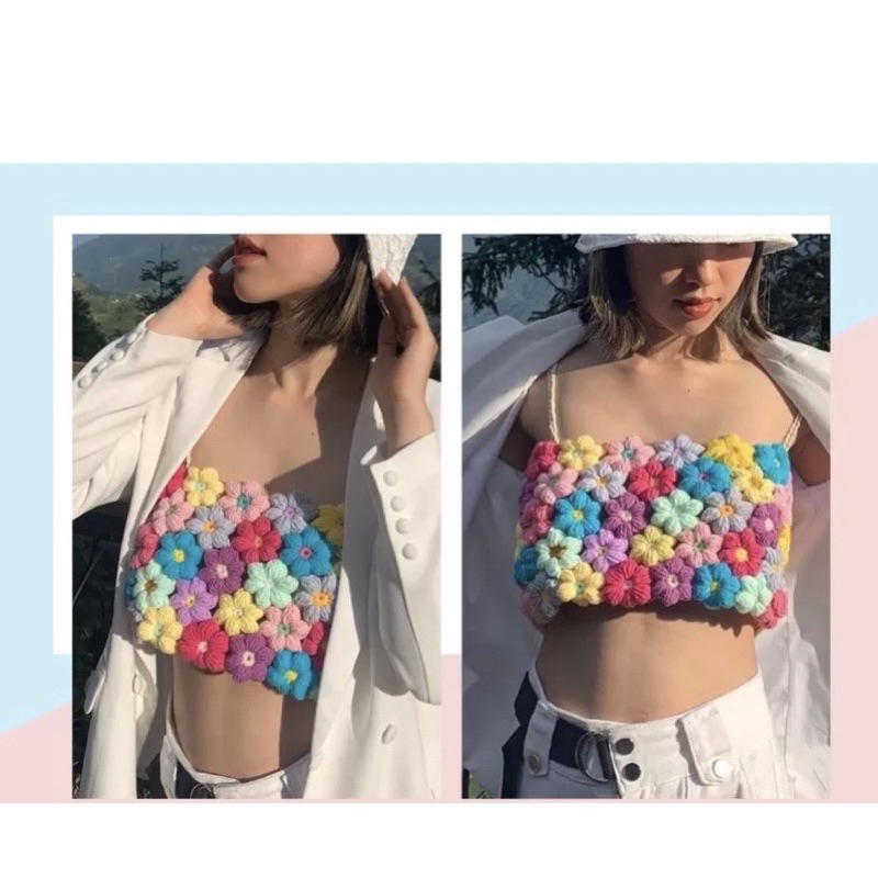 Áo dây croptop len móc hoa cúc thủ công