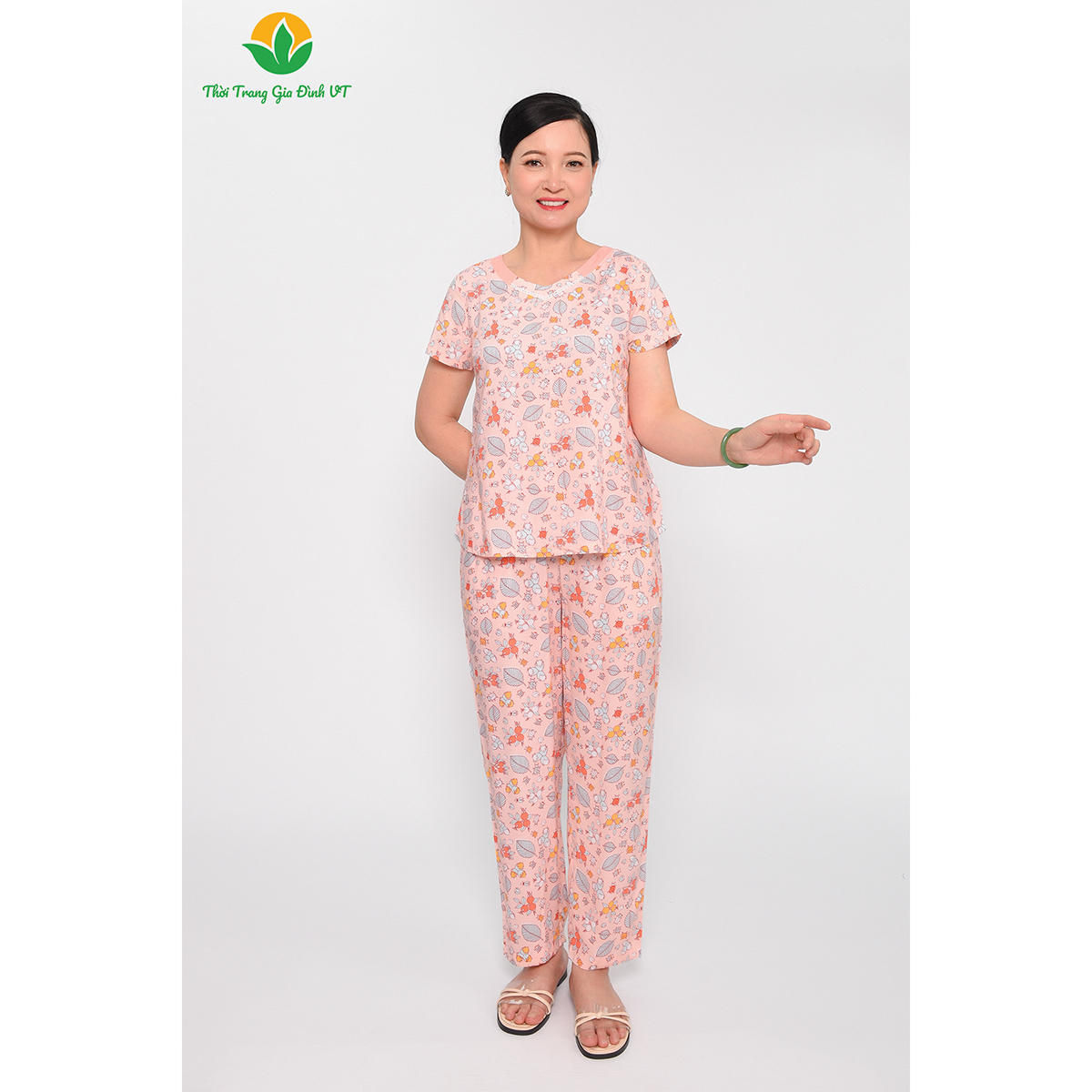 Bộ quần áo mặc nhà trung niên Việt Thắng, quần dài, áo cộc tay chất Lanh (rayon) thoáng mát - B08.2309