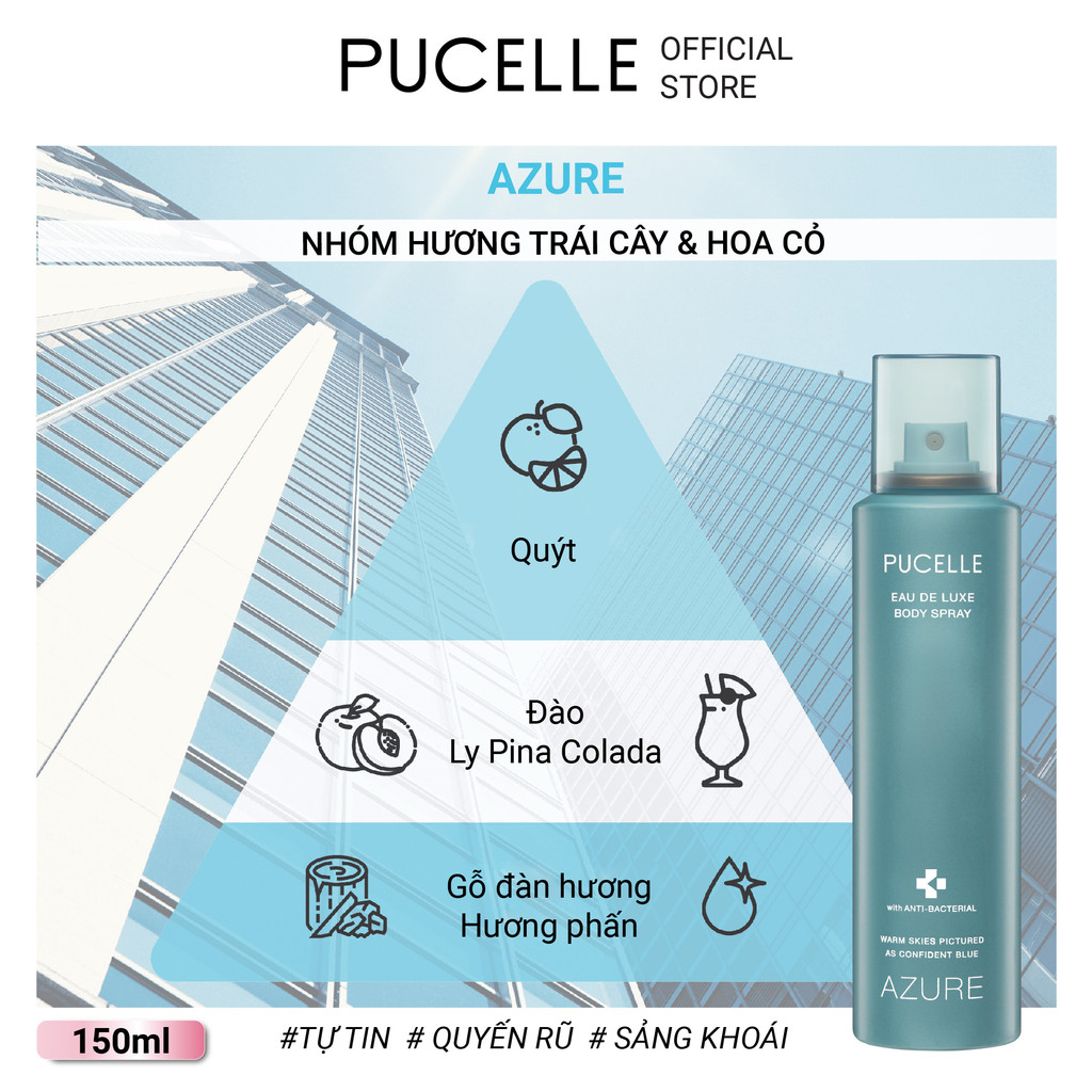 Nước hoa nữ tươi mát PUCELLE Eau De Luxe Body Spray Azure 150ml hương Trái Cây và Hoa Cỏ