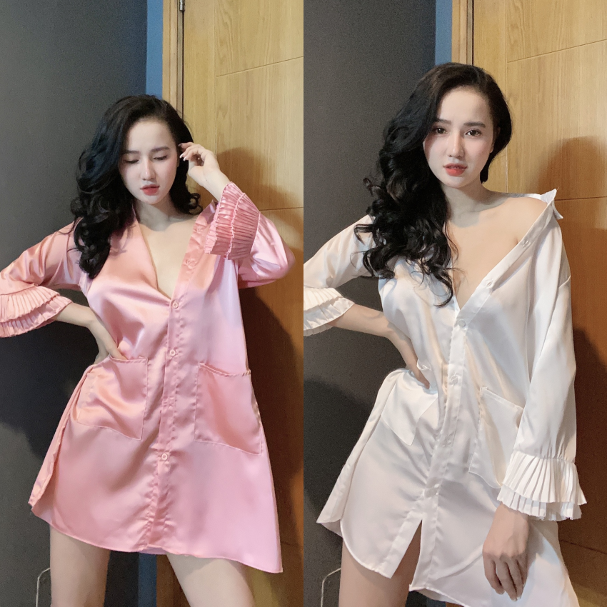 Đầm ngủ sơ mi bigsize váy ngủ lụa satin thoáng mát tay phối dập ly dễ thương. | BigBuy360 - bigbuy360.vn