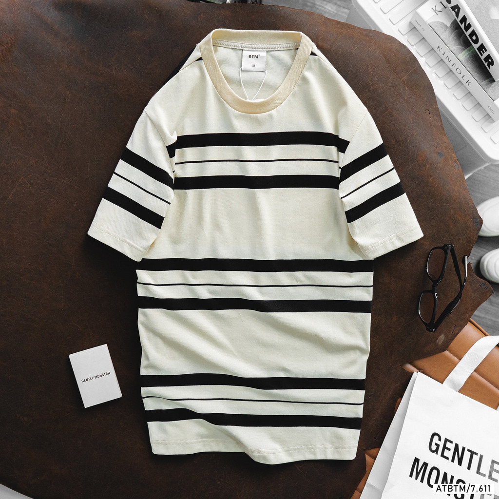 Áo thun cộc tay phối kẻ BTM Studios vải cotton dáng rộng - Mã 7.611