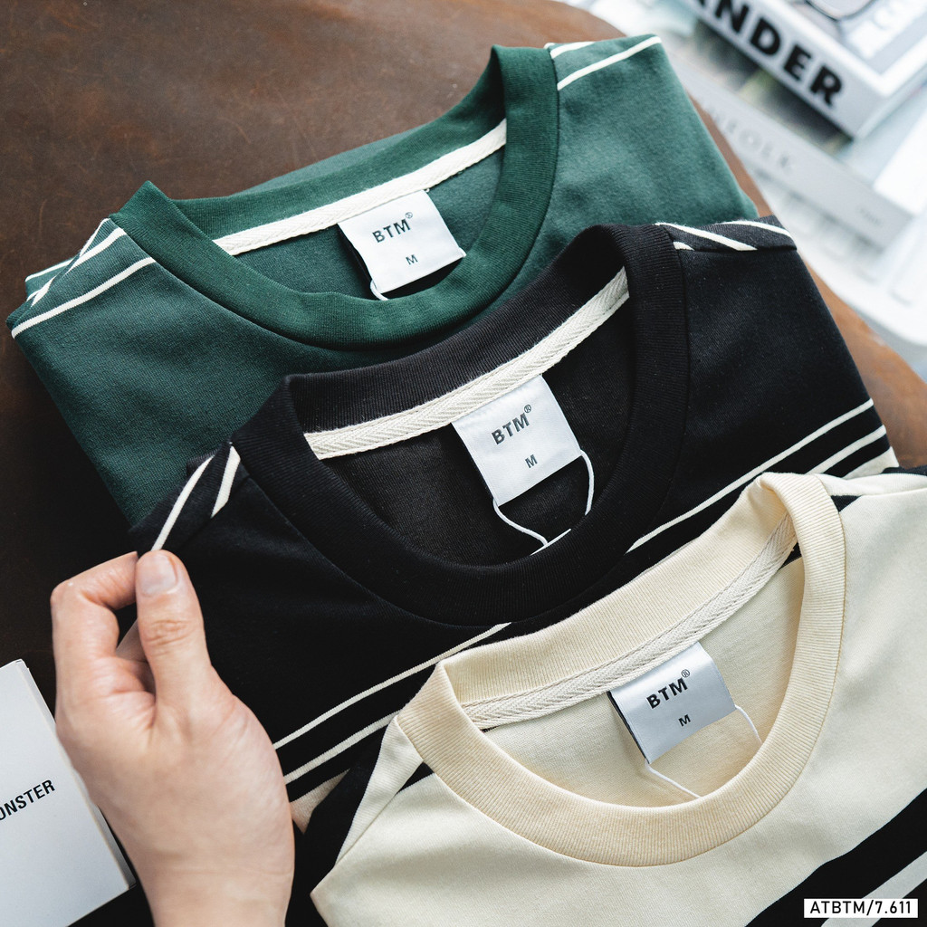 Áo thun cộc tay phối kẻ BTM Studios vải cotton dáng rộng - Mã 7.611
