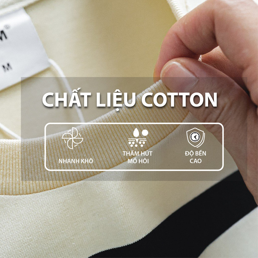 Áo thun cộc tay phối kẻ BTM Studios vải cotton dáng rộng - Mã 7.611