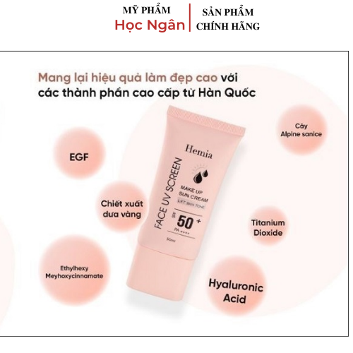 Kem chống nắng Hemia face uv screen 50ml nâng tone, kiềm dầu dùng cho mọi loại da Myphamhocngan1