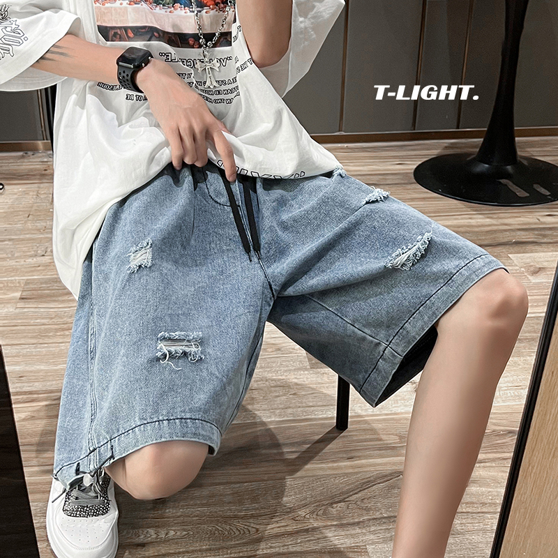 Quần short bò nam Basic, quần đùi jean nam cạp chun ống rộng rách mài thời trang trẻ trung mặc nhà đi chơi Hàn Quốc