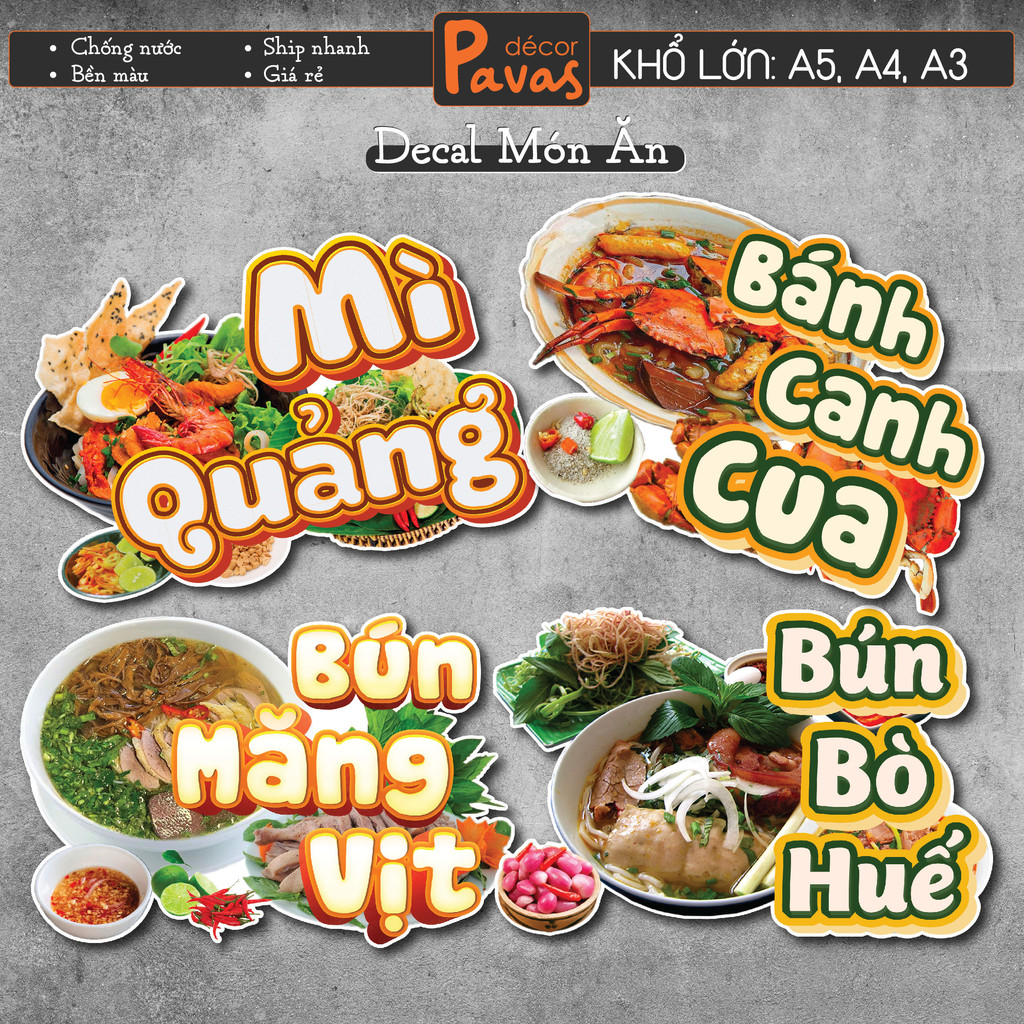 Decal Bún Bò Huế, Bún Măng Vịt, Bánh Canh Cua, Mỳ Quảng chống nước trang trí dán quán trà sữa, quán ăn, dán tường. TTQ30