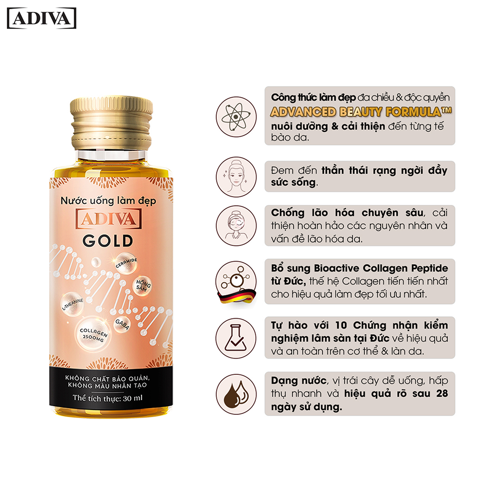 Combo 4 Hộp Nước Uống Làm Đẹp Collagen ADIVA Gold (14 Chai/Hộp)- Giúp Làn Da Căng Mịn, Giảm Nếp Nhăn Và Chống Lão Hóa