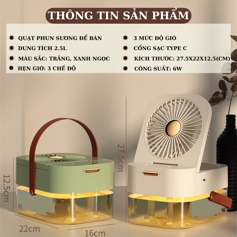 Quạt phun sương tạo độ ẩm JIASHI quạt điều hòa mini để bàn dung tích 2.5L hẹn giờ thông minh tích hợp đèn led QPS01