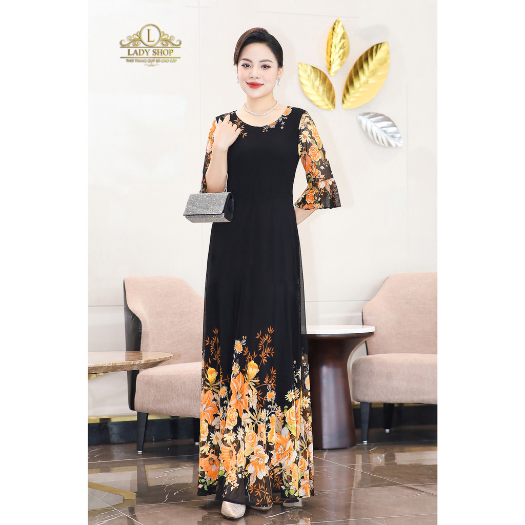 Đầm Maxi ren lưới tay loe hoa ly Ladyshop thời trang trung niên cao cấp T153