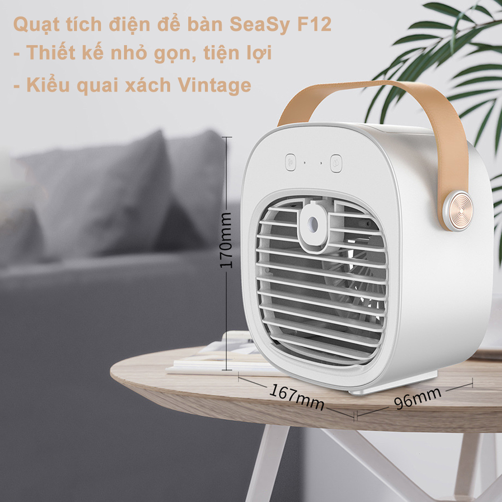 Quạt tích điện để bàn SeaSy F12 với 3 chế độ gió điều hòa không khí, dung lượng pin 4000 mAh thích hợp trang trí, decor