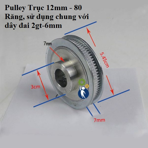 Pulley Trục 12mm - 80 Răng, dùng dây đai 2gt-6mm