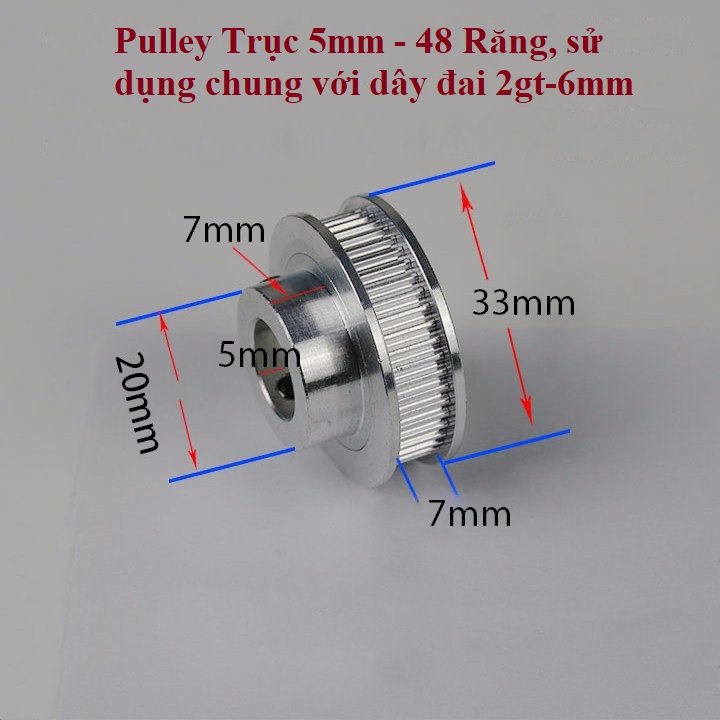 Pulley Trục 5mm - 48 Răng, dùng dây đai 2gt-6mm