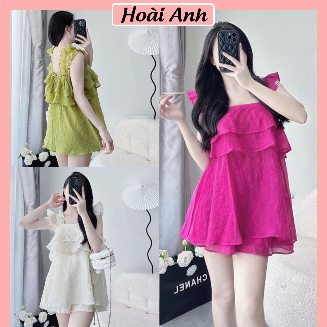 Set Bộ Đồ Nữ Áo 2 Dây Tơ Đũi Nhăn Babydoll Bèo Ngực 2 Tầng Mix Quần Sooc Đùi Có Lót Trong Freesize