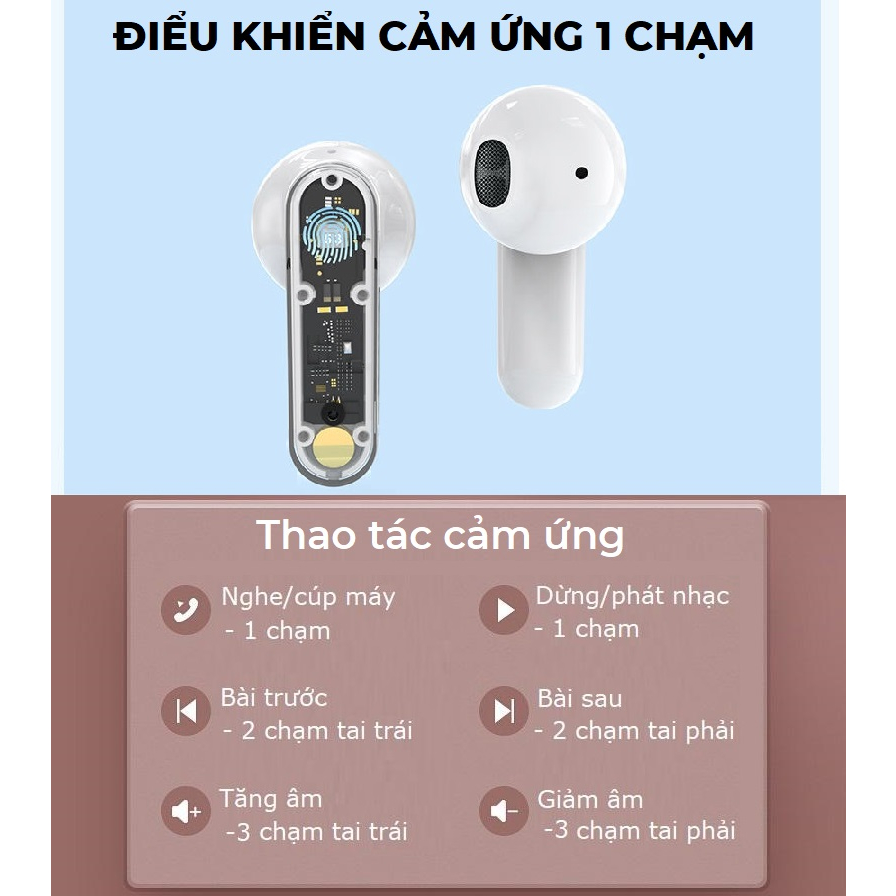 Tai nghe bluetooth không dây Gutek Pro12 tws v5.2 nút cảm ứng âm thanh HIFI có mic đàm thoại vỏ trong suốt