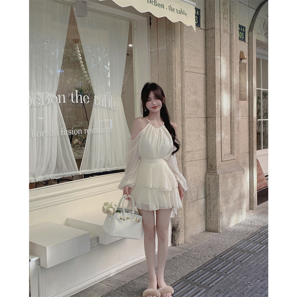 Set áo hở vai tiểu thư phối chân váy chất tơ đẹp hàng QC VN300