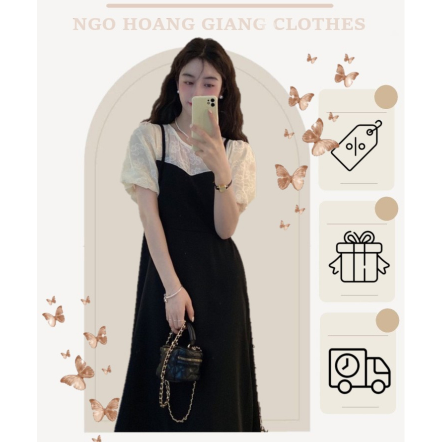 🍓 ảnh thật manocanh 🍓 Váy liền giả 2 lớp áo dập hoa nổi 3D phối váy dây dài tôn dáng thanh lịch BABY LITTER LADY H315