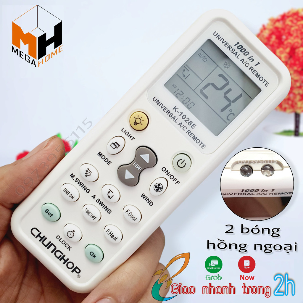 Điều khiển điều hòa đa năng  K-1028E 1000in1, Remote  máy lạnh đa năng 2 mắt hồng ngoại tích hợp đèn pin tiện lợi