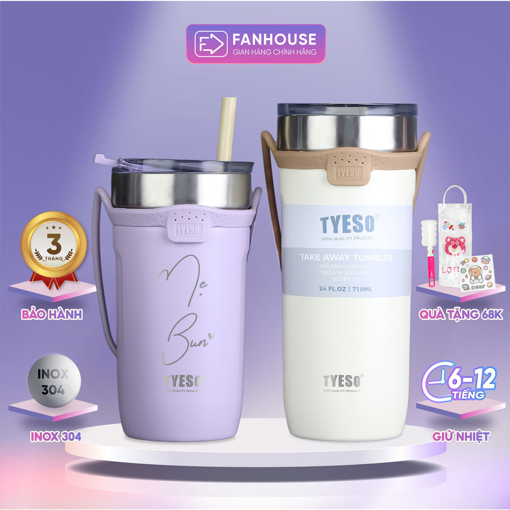 Ly giữ nhiệt cao cấp Tyeso Tumbler Fan House dung tích 550ml & 710ml, chất liệu inox 304, khắc tên theo yêu cầu