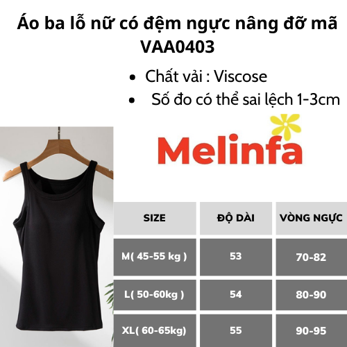 Áo ba lỗ nữ có đệm ngực vải Viscose tự nhiên mềm mại thoáng mát, áo 3 lỗ hai dây có mút ngực mã VAA0403