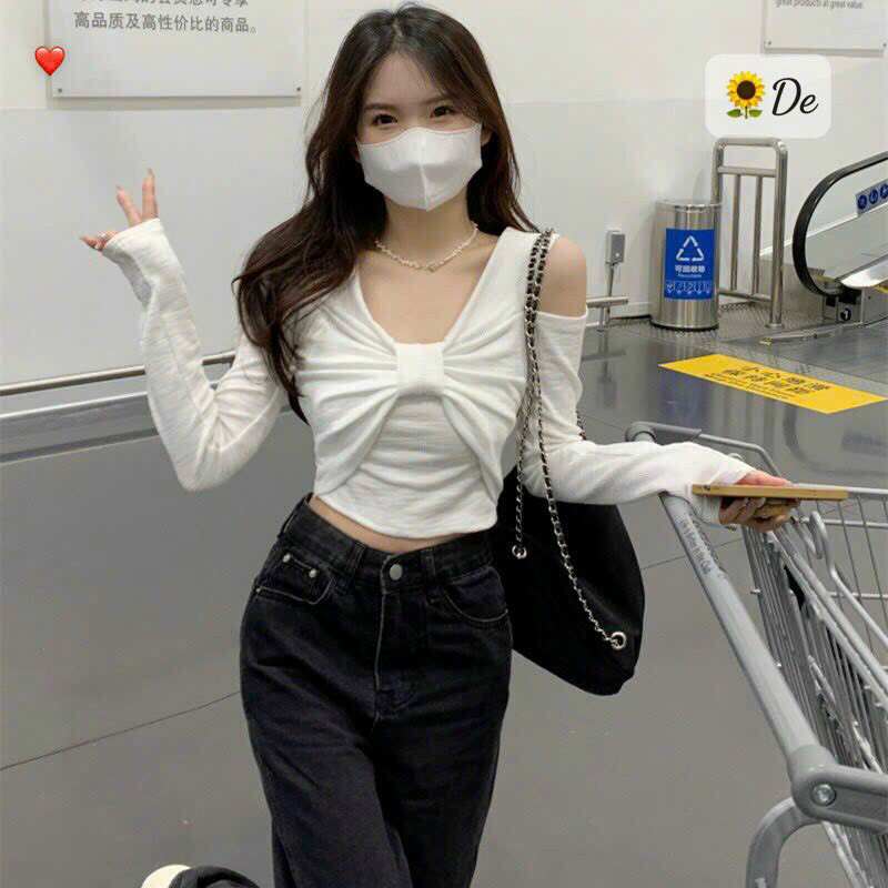 ÁO TAY DÀI XOẮN NƠ KHOÉT VAI XINH THUN GÂN BG