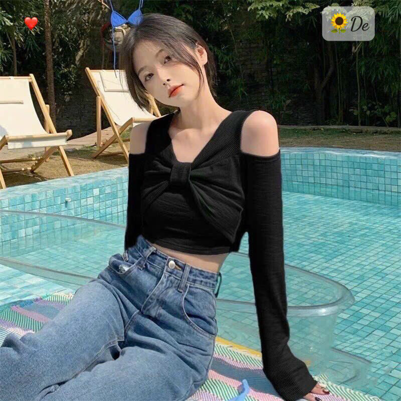 ÁO TAY DÀI XOẮN NƠ KHOÉT VAI XINH THUN GÂN BG