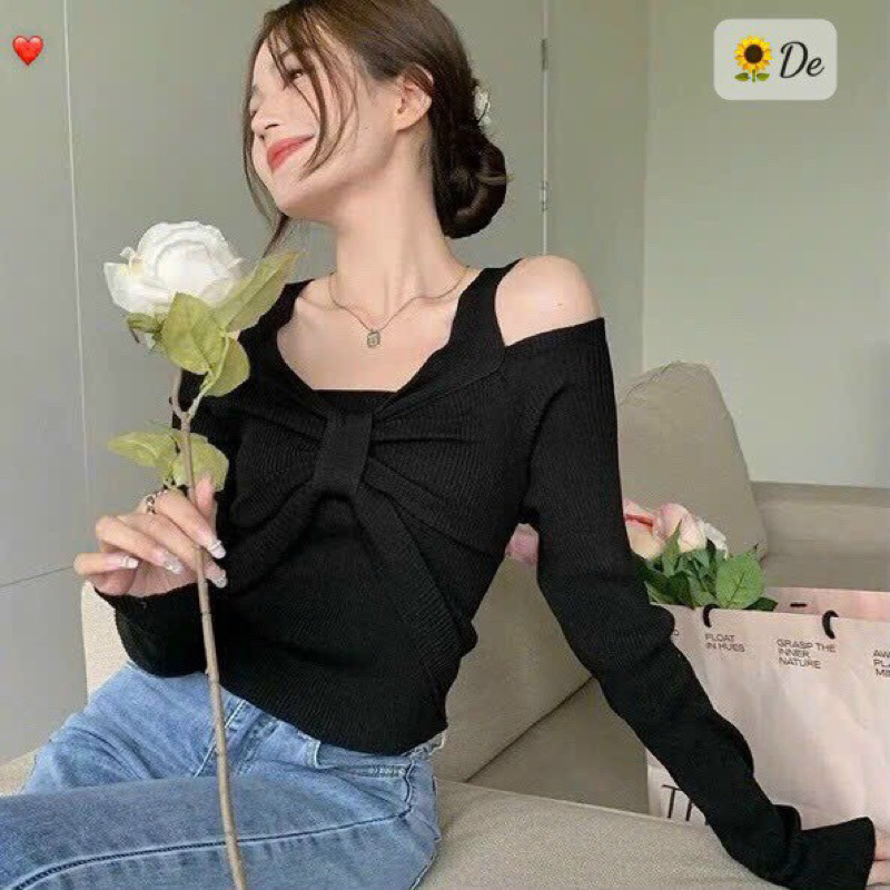 ÁO TAY DÀI XOẮN NƠ KHOÉT VAI XINH THUN GÂN BG