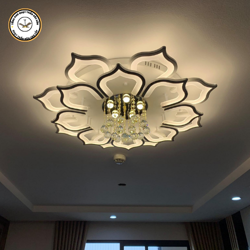 Đèn mâm LED ốp trần 16 cánh sen thả pha lê trang trí phòng khách phòng ngủ sang trọng 3 chế độ sáng bảo hành 2 năm