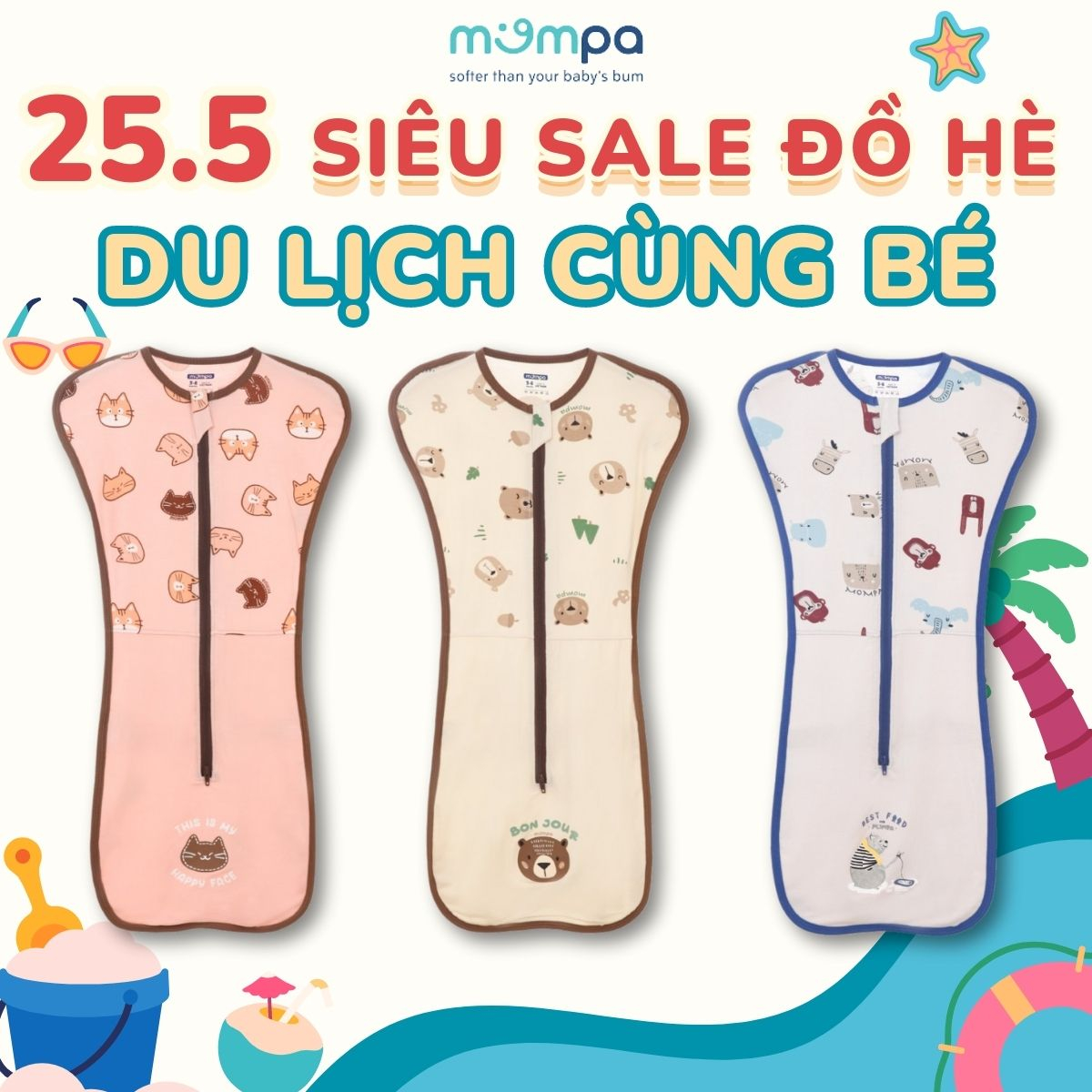 Nhộng chũn cho bé Mompa 0-6 tháng vải sợi tre khóa 2 chiều co giãn chống giật mình tự ngủ thoáng mát 900