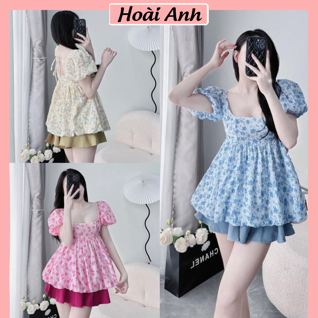 Set Bộ Đồ Nữ Áo Babydoll Đũi Nhăn Hoa Nhí Tay Bồng Mix Chân Váy Xếp Ly Có Quần Trong Freesize