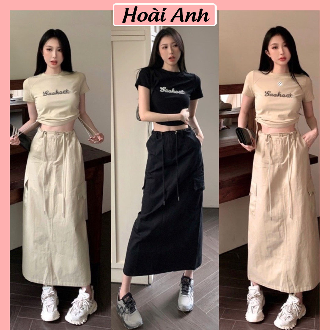 Set Bộ Đồ Nữ Áo Phông Croptop In Chữ Rút Eo Mix Chân Váy Kaki Túi Hộp Dáng Dài Freesize