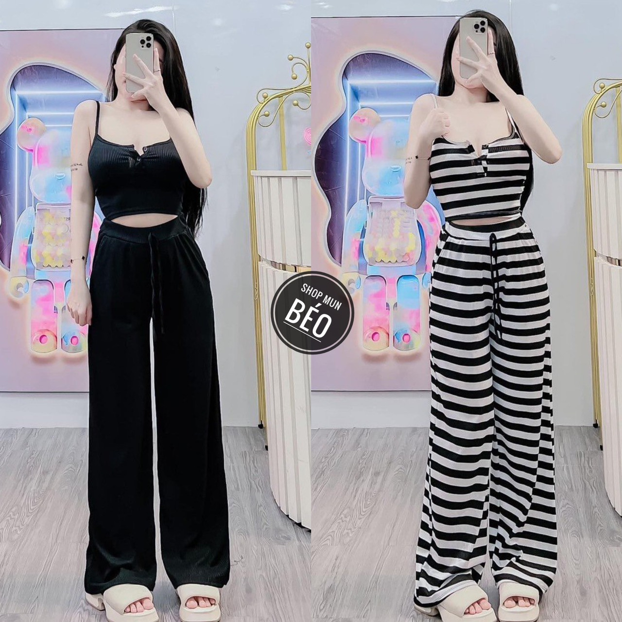 Set bộ áo 2 dây nút cài ngực kèm quần ống rộng chất thun gân co giãn chính phẩm thích hợp mặc đi tiệc đi làm đi chơi
