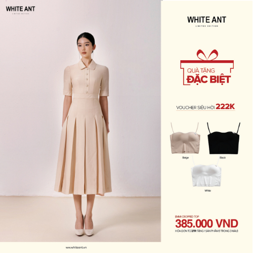 Đầm Cổ Sơ Mi Tay Lỡ Xếp Ly Nữ White Ant ORION BOX PLEAT DRESS Chất Liệu Rayon 120400206