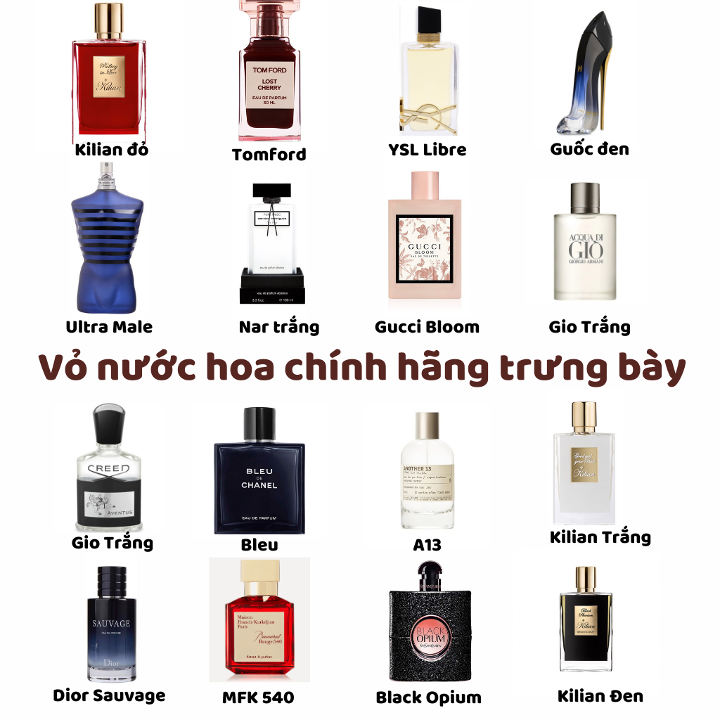 Vỏ Chai Nước Hoa Chính Hãng Trưng Bày, Nước Hoa Nam Nữ Chai Trưng Bày