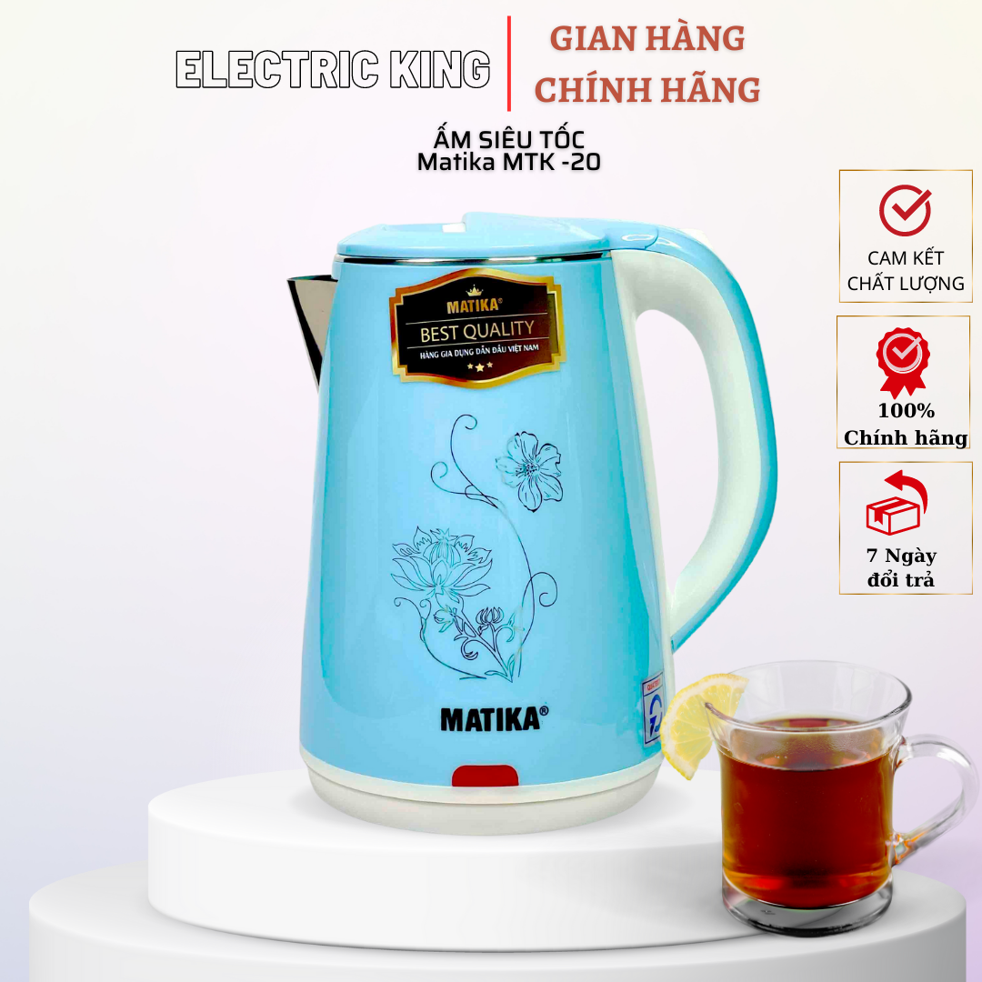 Ấm Siêu Tốc 1500W Matika-20 Dung Tích Lớn 2L Vỏ Siêu Hai Lớp Chắc Chắn