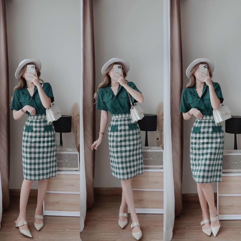 Set Bộ Áo Sơ Mi Tay Ngắn Phối Chân Váy Caro Xanh Lá Công Sở Dạo Phố ST7162