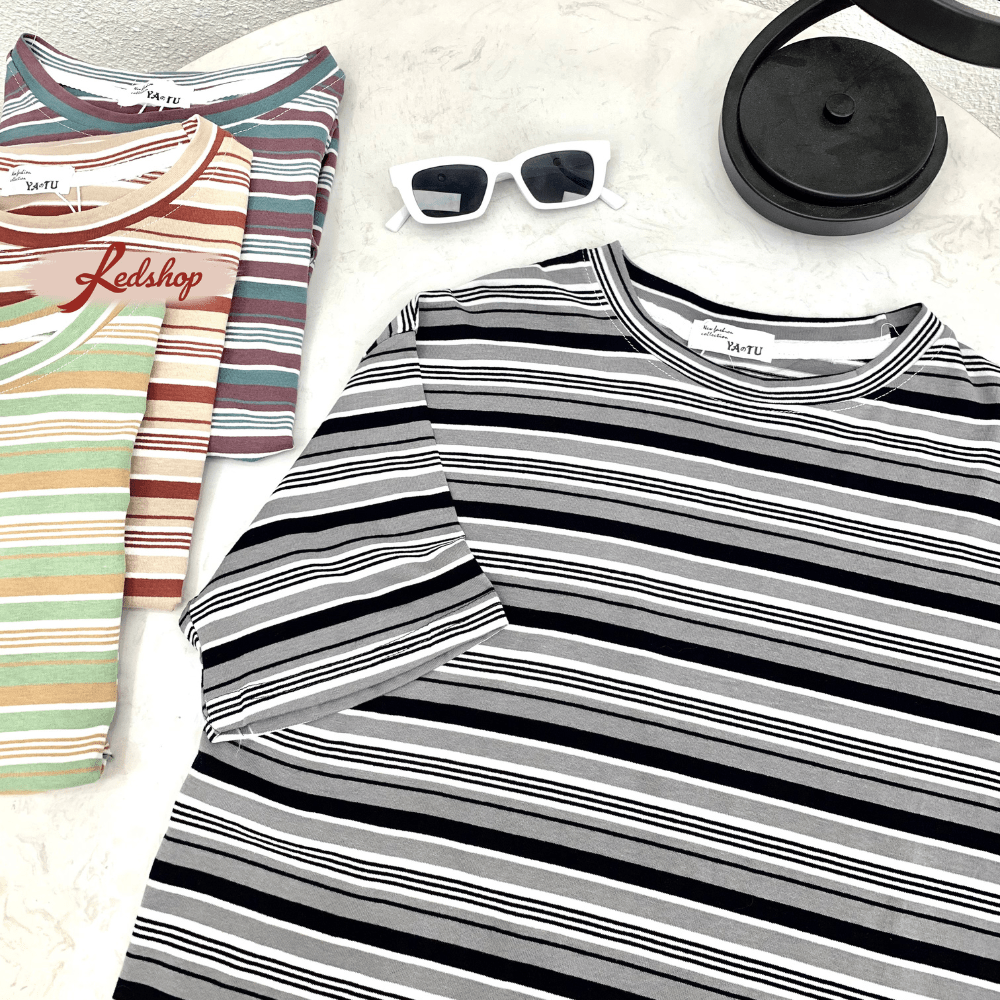 Áo phông kẻ phối phong cách Hàn Quốc - Red shop (30128)