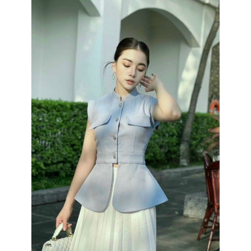 Set áo bèo xốp caro cài nút kèm chân váy voan dập ly 129