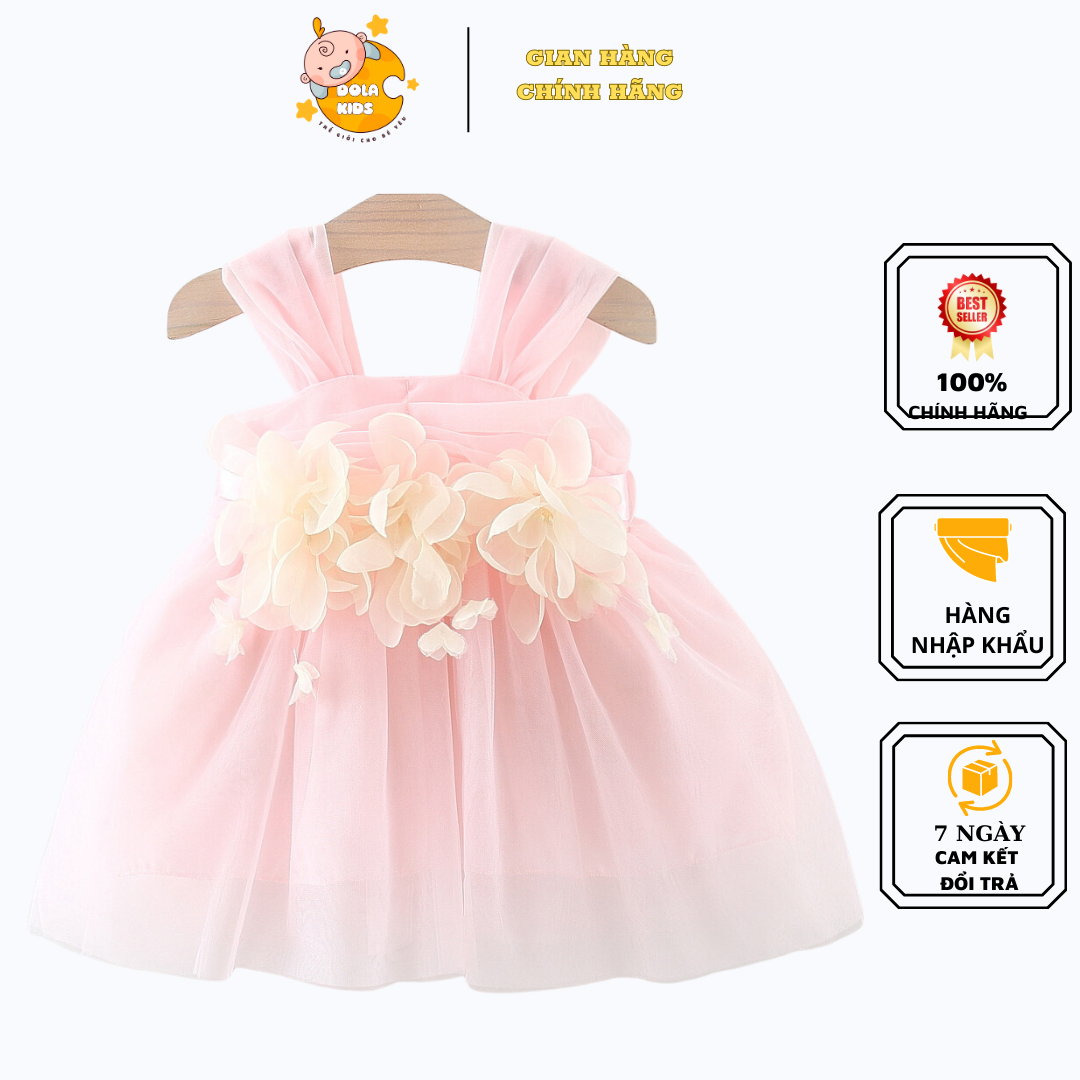 Váy công chúa cho bé gái xinh với thiết kế dây sành điệu kèm họa tiết bông hoa, váy đầm cho bé gái từ 8-18kg V01