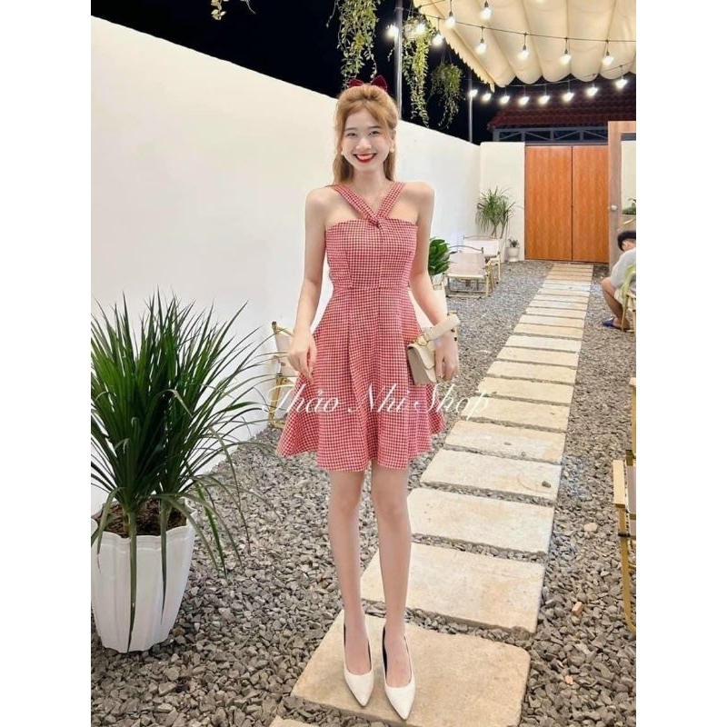 Đầm 2 dây cổ xoắn caro đỏ siêu xinh quyến rủ sexy (có mút ngực) 130
