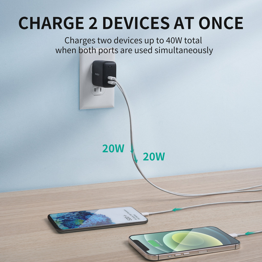 Củ sạc Nhanh AUKEY PA-R2S đôi PD 20W+20W Omnia™ Gan Type C Cho iPhone 14 13 12 11 X 8